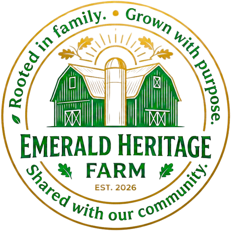 Emerald Heritage Farm logo: a green barn and silo under a rising sun